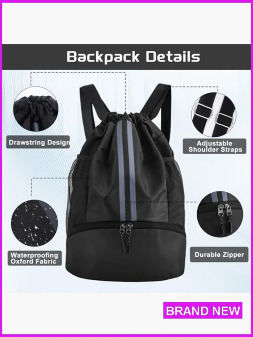 Drawstring Backpack with Shoe Compartment Water Resistant Gym Bag Sports String